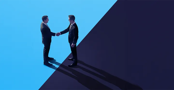 Zwei Business-Personen beim Handschlag vor abstraktem Hintergrund – symbolisiert Einigung, Vertrauen und erfolgreichen Abschluss von M&A-Transaktionen.