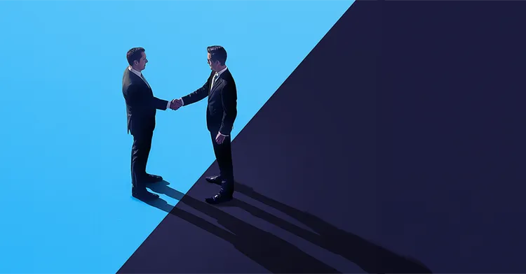 Zwei Business-Personen beim Handschlag vor abstraktem Hintergrund – symbolisiert Einigung, Vertrauen und erfolgreichen Abschluss von M&A-Transaktionen.