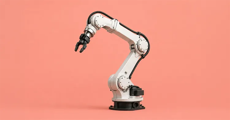 Industrieroboterarm vor neutralem Hintergrund als Symbol für Automatisierung, Standorteffizienz und Produktionsnetzwerk-Optimierung.